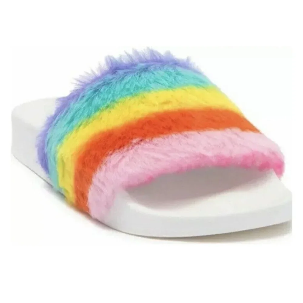 Steve Madden Rainbow Girls Kids Faux Fur Slippers Sandals Slides Size 4 New